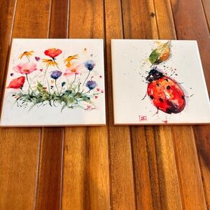 Dean Crouser Fine Art Ceramic Tile Watercolor Flowers Lady Bug